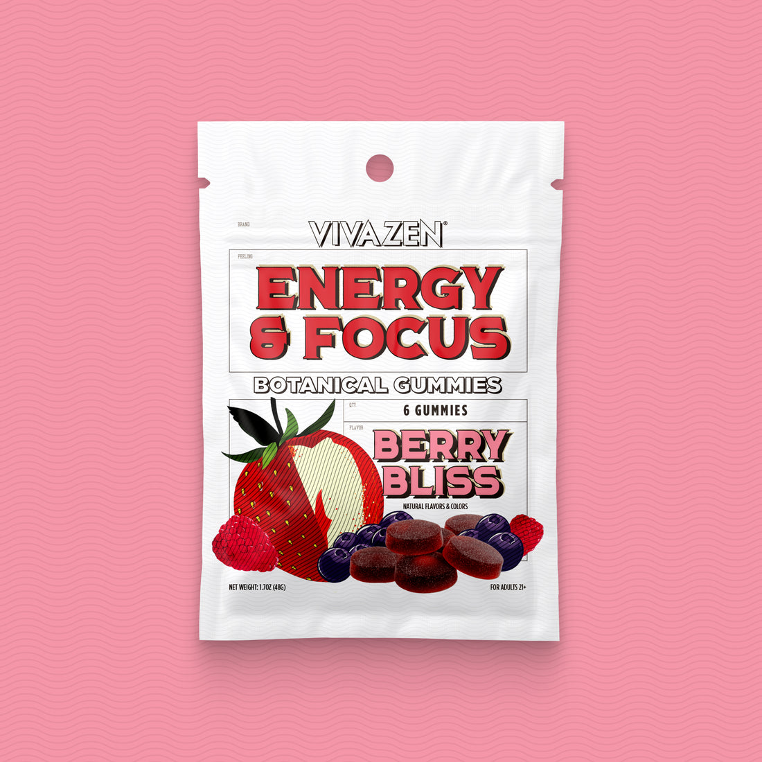 Close-up of the VIVAZEN Energy + Focus Botanical Gummies pouch in Berry Bliss