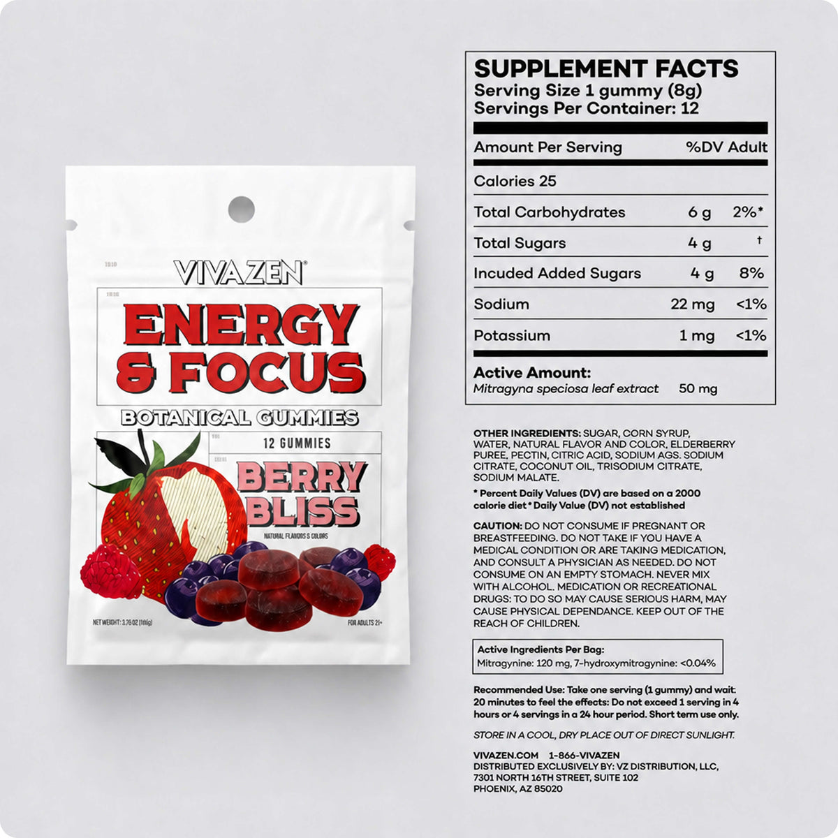 VIVAZEN Energy + Focus Berry Bliss pouch next to its full supplement facts panel